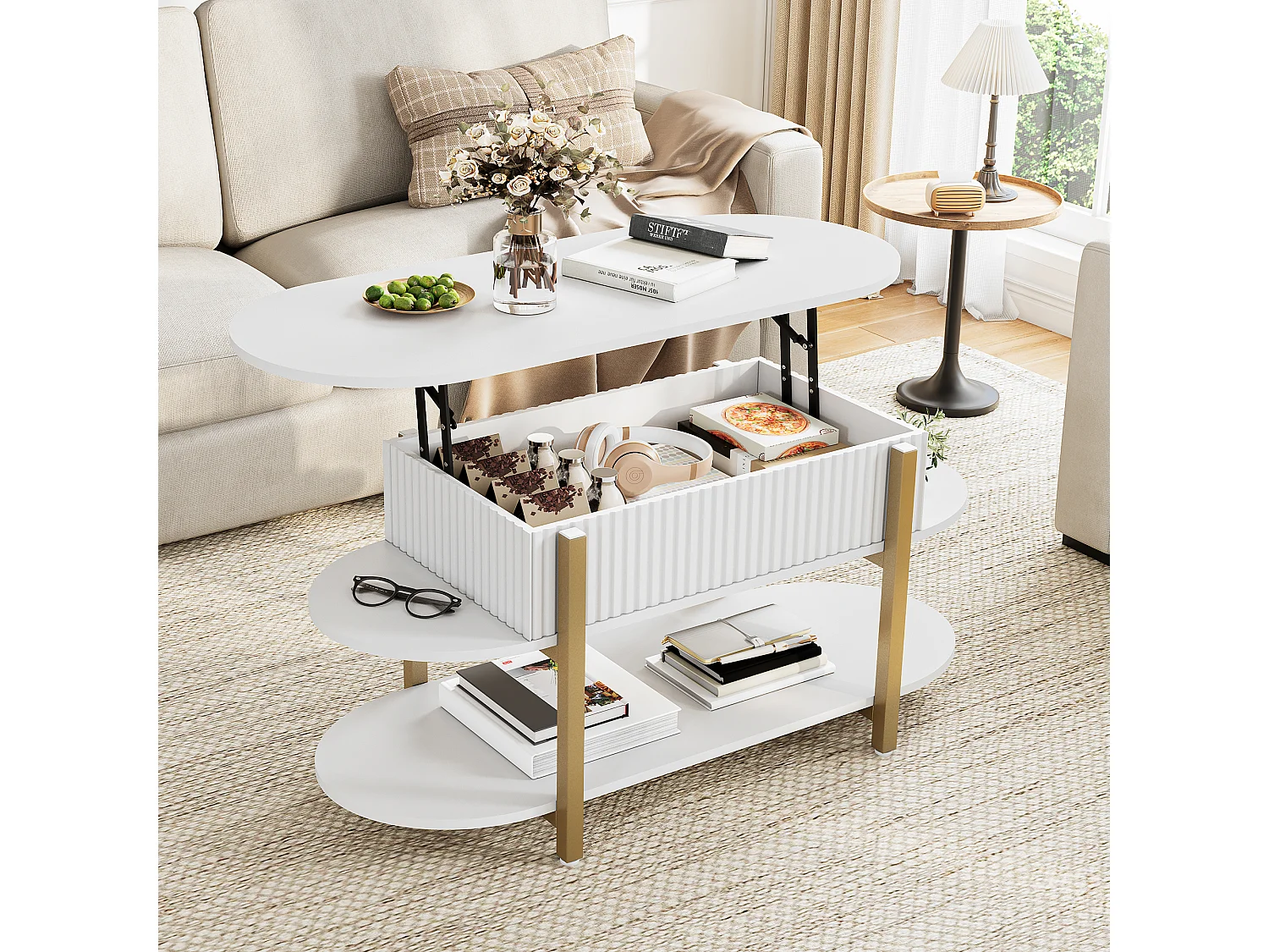 Table Basse Relevable, 106×44×50 cm, Blanc Moderne, avec Cache-Central, 3 Étagères, pour Salon, Multi-fonction