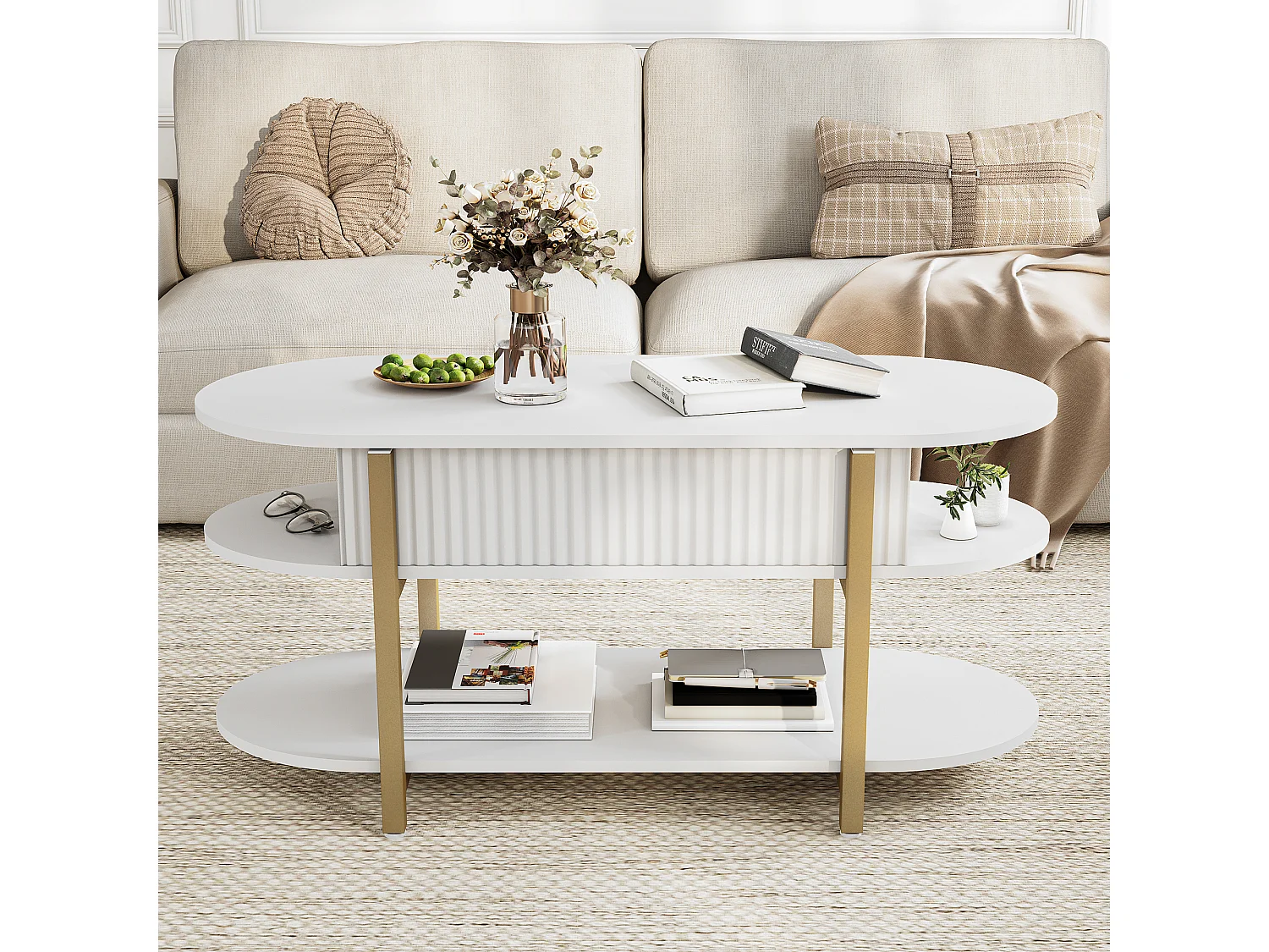Table Basse Relevable, 106×44×50 cm, Blanc Moderne, avec Cache-Central, 3 Étagères, pour Salon, Multi-fonction