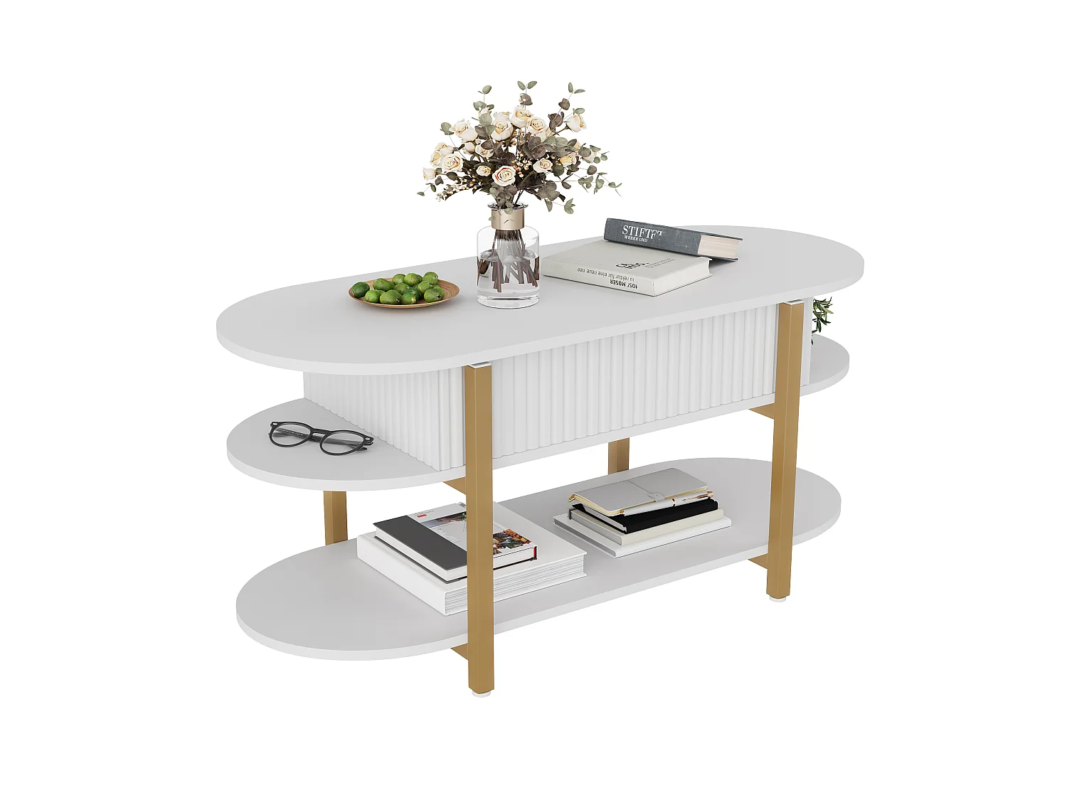 Table Basse Relevable, 106×44×50 cm, Blanc Moderne, avec Cache-Central, 3 Étagères, pour Salon, Multi-fonction