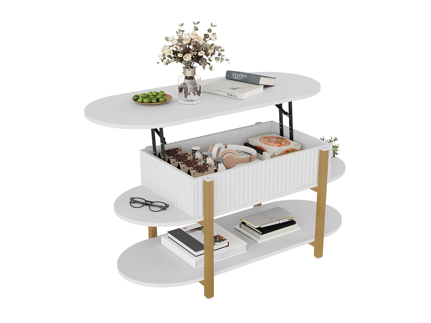 Table Basse Relevable, 106×44×50 cm, Blanc Moderne, avec Cache-Central, 3 Étagères, pour Salon, Multi-fonction