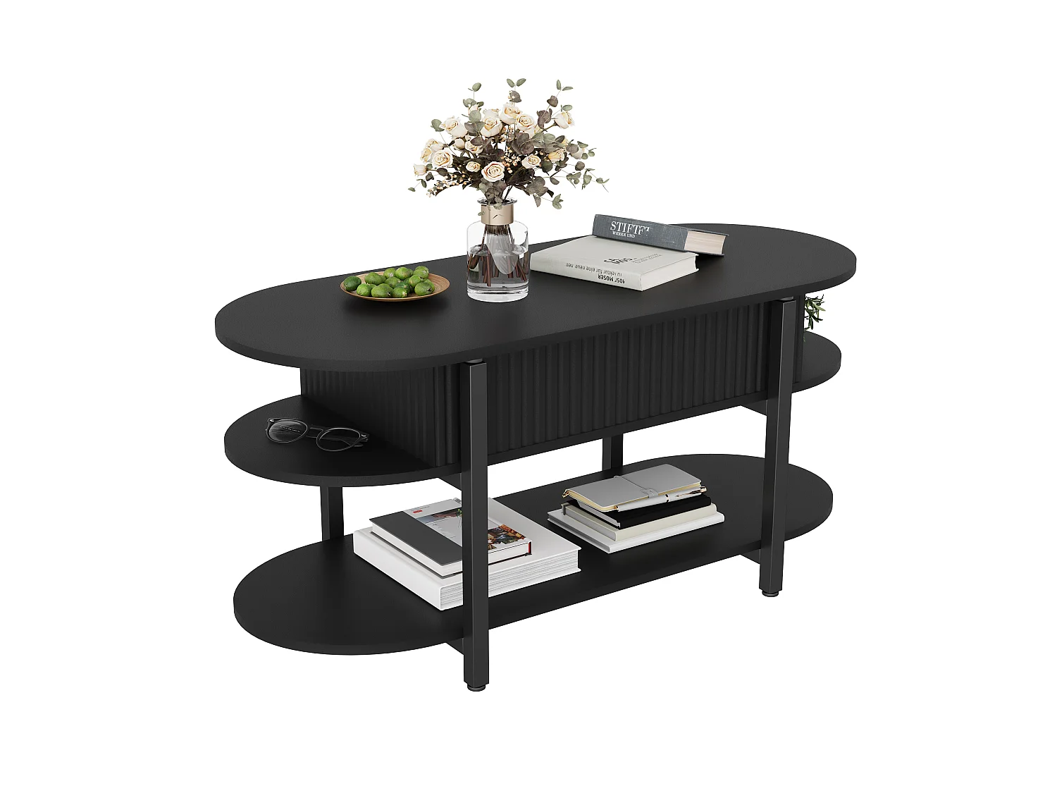 Table Basse Relevable Noire, 106x44x50cm, Table de Salon Moderne avec Rangement, 3 Niveaux, Multi-fonction