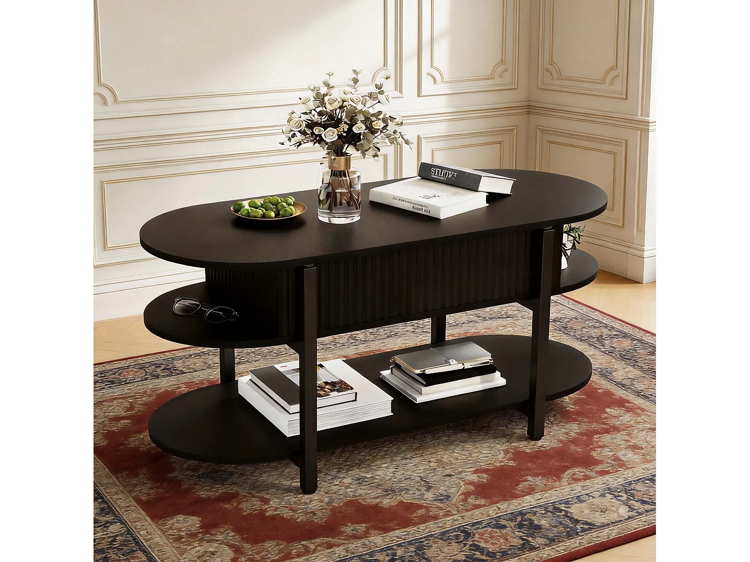 Table Basse Relevable Noire, 106x44x50cm, Table de Salon Moderne avec Rangement, 3 Niveaux, Multi-fonction