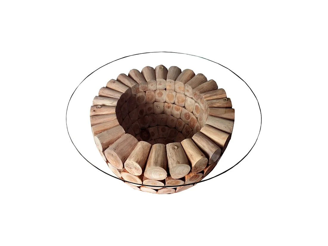 Salontafel ARBOREA rond 70 cm in massief hout en gehard glas – centrale poot ontworpen in boomstammen