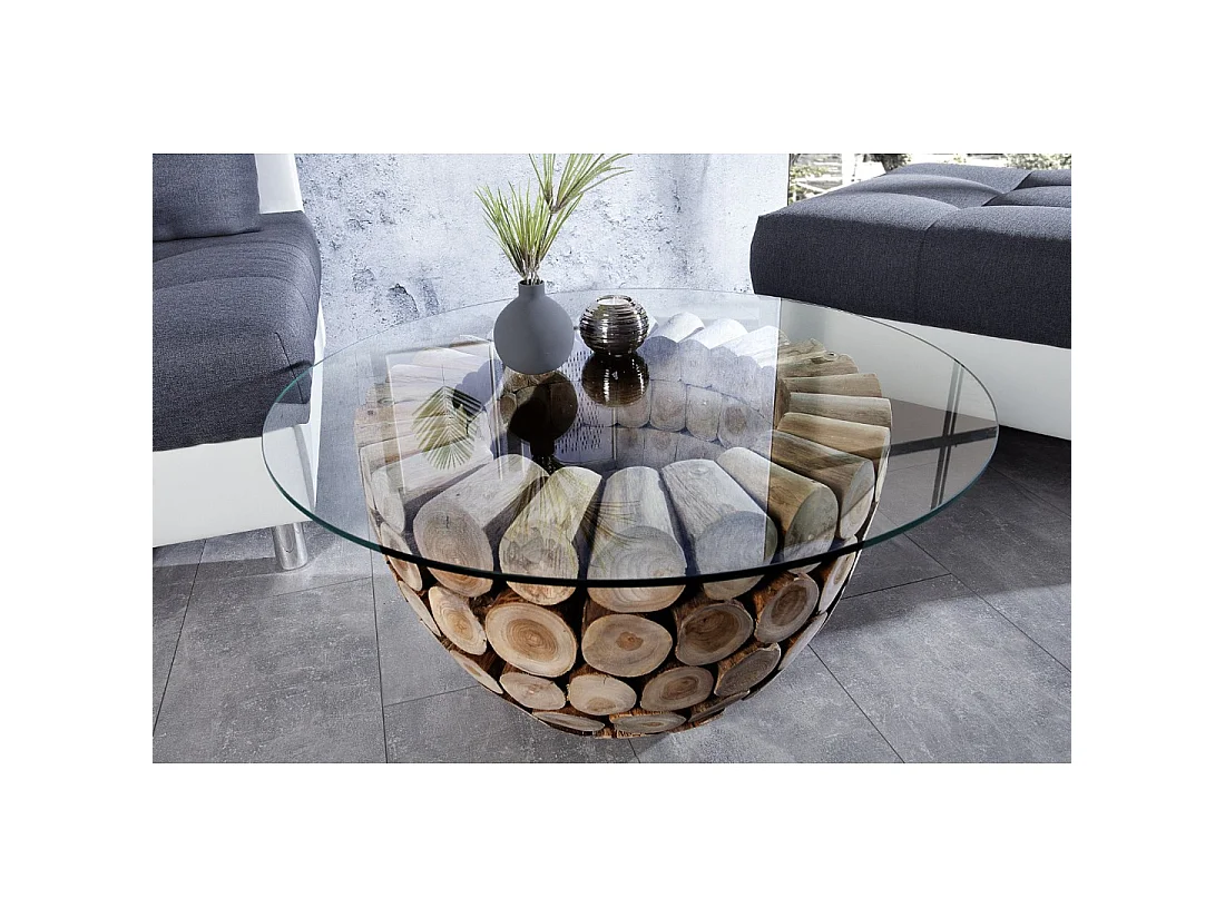 Salontafel ARBOREA rond 70 cm in massief hout en gehard glas – centrale poot ontworpen in boomstammen