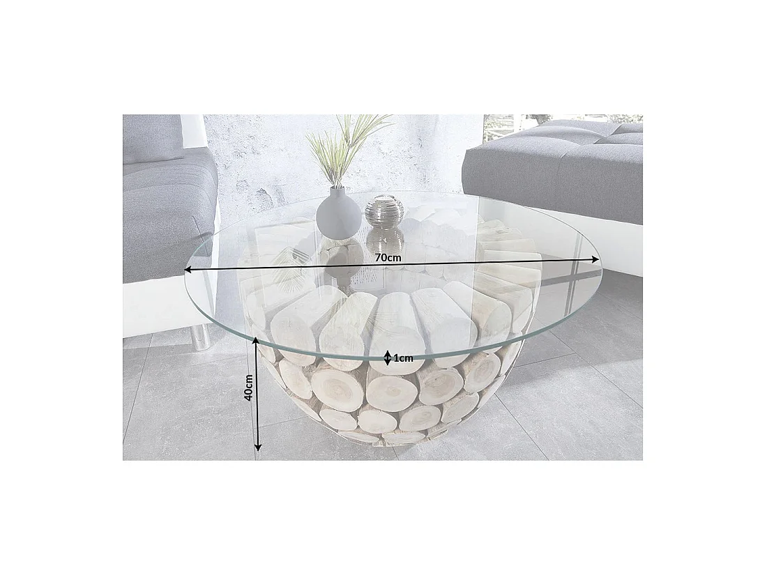 Salontafel ARBOREA rond 70 cm in massief hout en gehard glas – centrale poot ontworpen in boomstammen