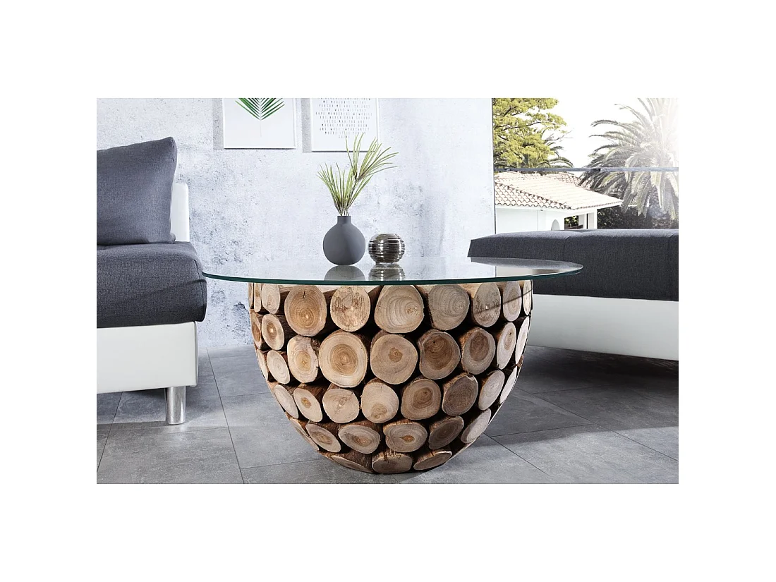 Salontafel ARBOREA rond 70 cm in massief hout en gehard glas – centrale poot ontworpen in boomstammen