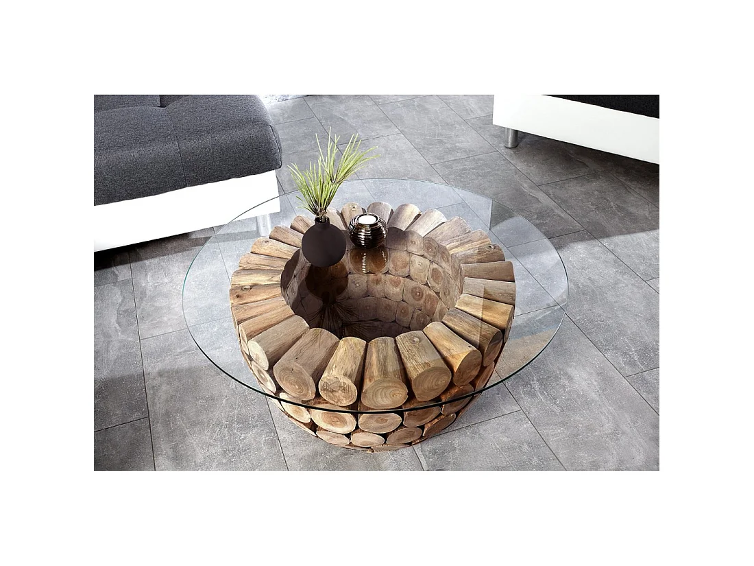 Salontafel ARBOREA rond 70 cm in massief hout en gehard glas – centrale poot ontworpen in boomstammen