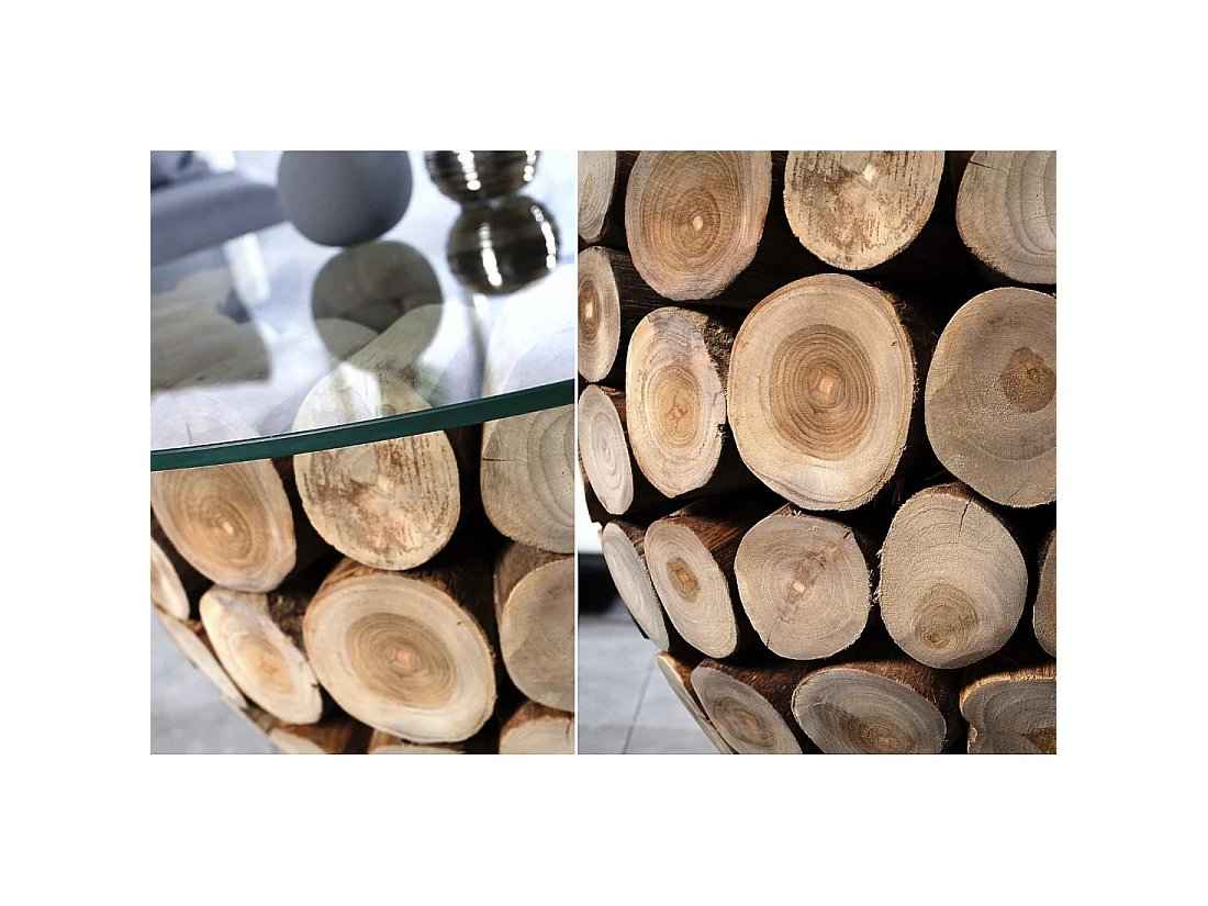 Salontafel ARBOREA rond 70 cm in massief hout en gehard glas – centrale poot ontworpen in boomstammen
