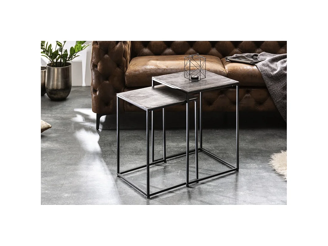 Tables basses gigognes VORTEX aluminium gris texturé et métal noir – lot de 2 tables carrées design moderne