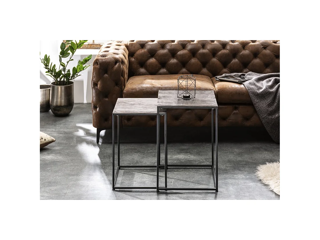 Tables basses gigognes VORTEX aluminium gris texturé et métal noir – lot de 2 tables carrées design moderne