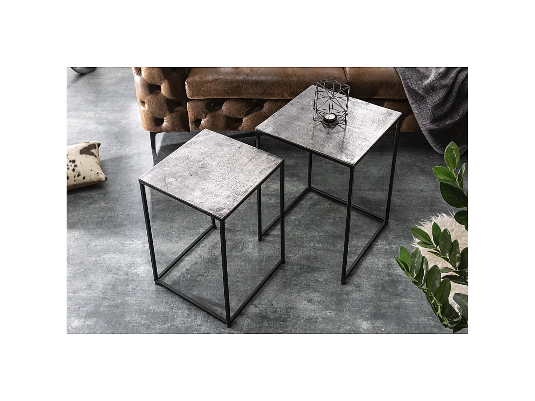 Tables basses gigognes VORTEX aluminium gris texturé et métal noir – lot de 2 tables carrées design moderne