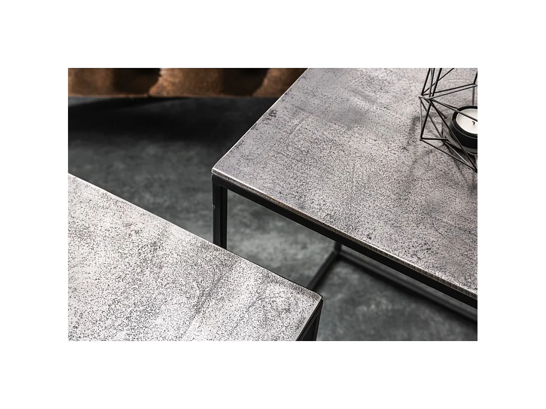 Tables basses gigognes VORTEX aluminium gris texturé et métal noir – lot de 2 tables carrées design moderne