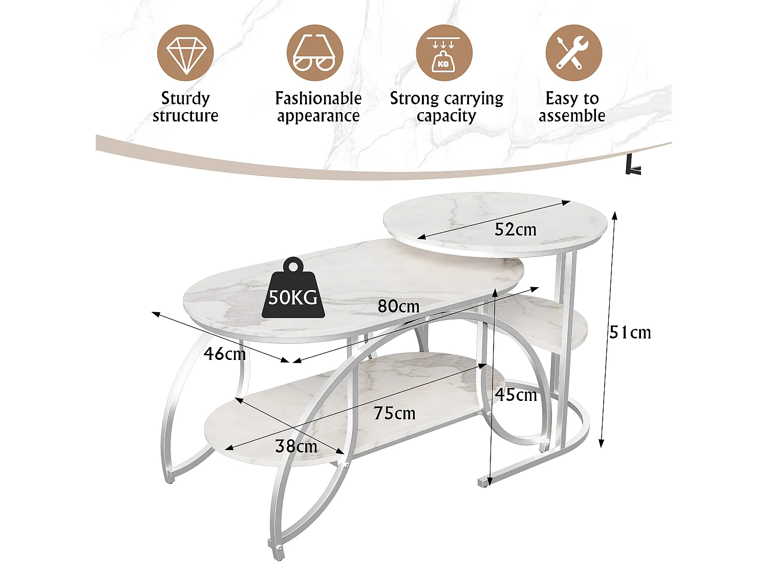 Table Basse Moderne, Plateau à Motif Marbre Blanc, Pieds Métalliques Dorés, Structure Robuste, Multifonctionnelle pour Salon, Petit Espace