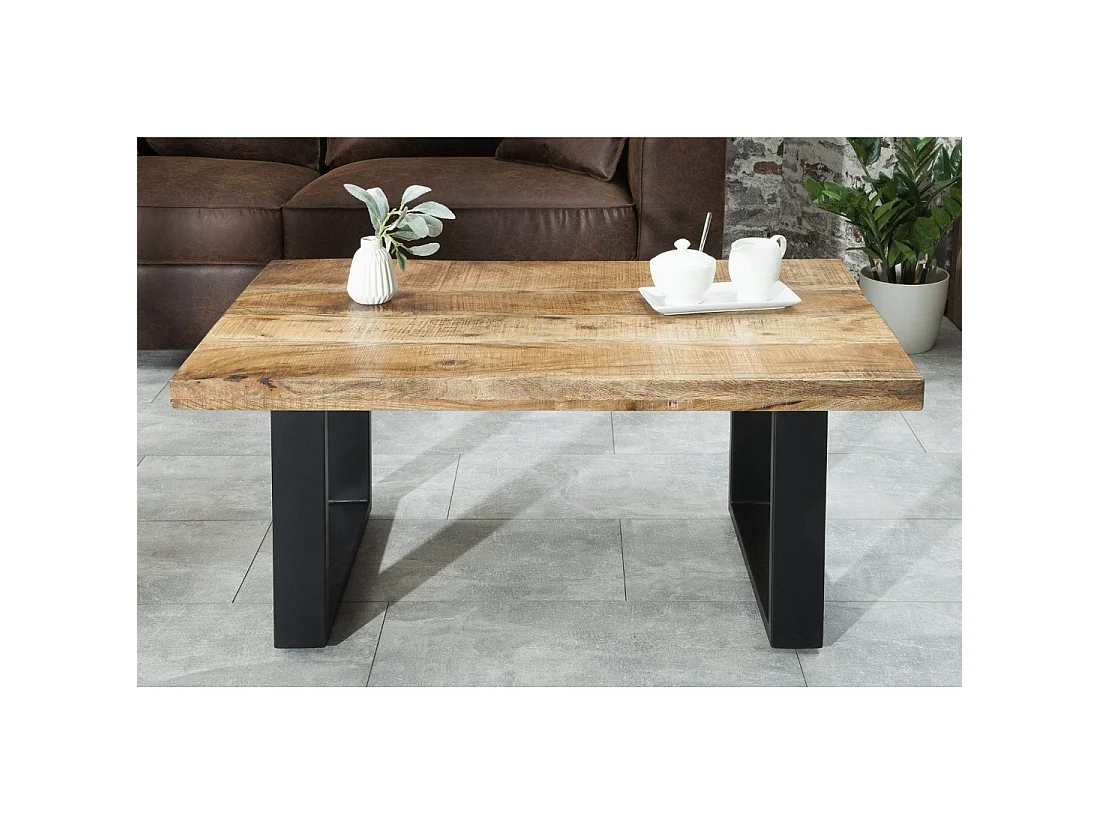 Mesa baja LODEN 100 cm en madera maciza de mango y metal negro – estilo industrial