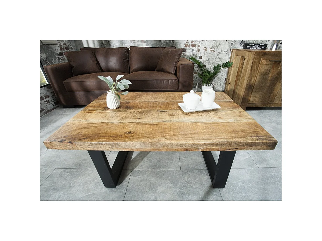 Mesa baja LODEN 100 cm en madera maciza de mango y metal negro – estilo industrial