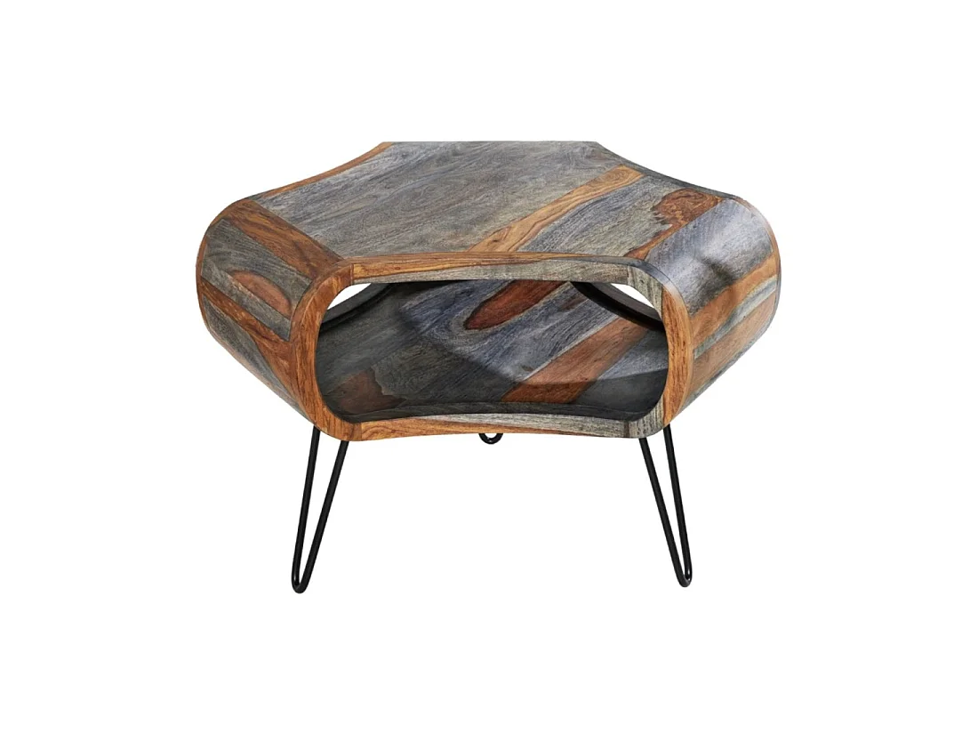 Mesa baja NERA 70 cm en madera maciza de Sheesham marrón y gris con nicho – estilo retro industrial