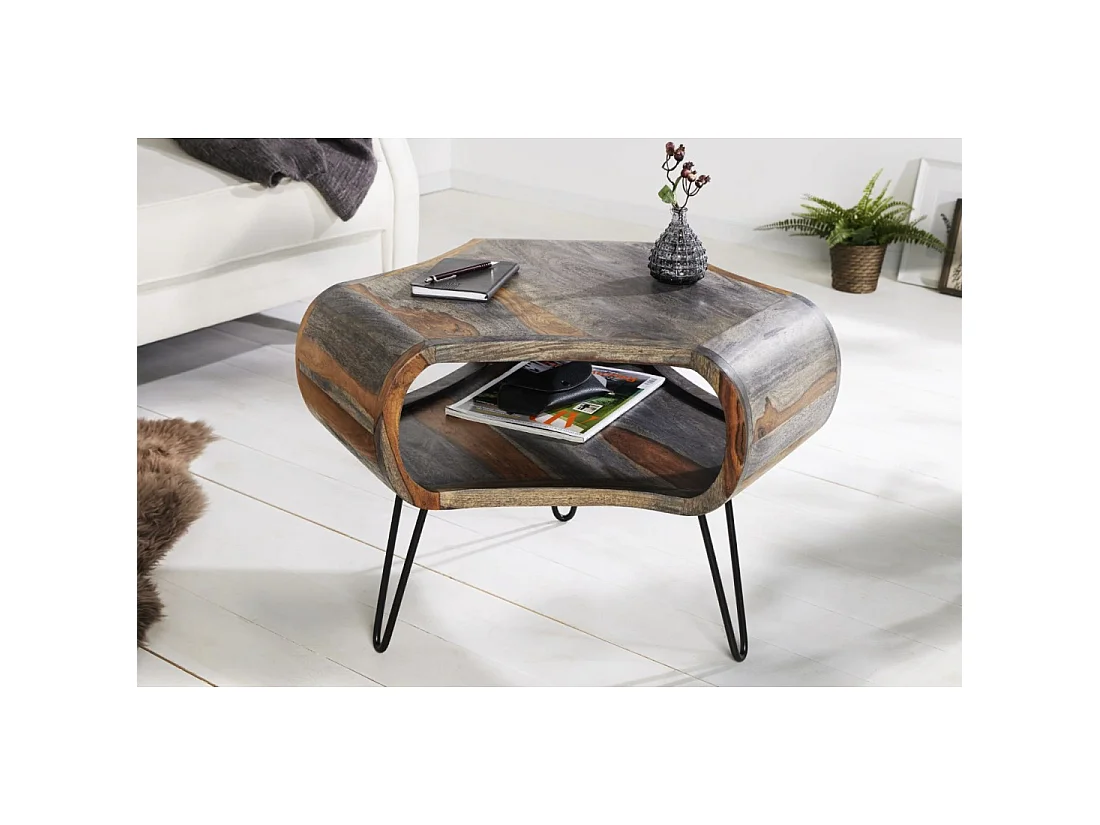 Mesa baja NERA 70 cm en madera maciza de Sheesham marrón y gris con nicho – estilo retro industrial