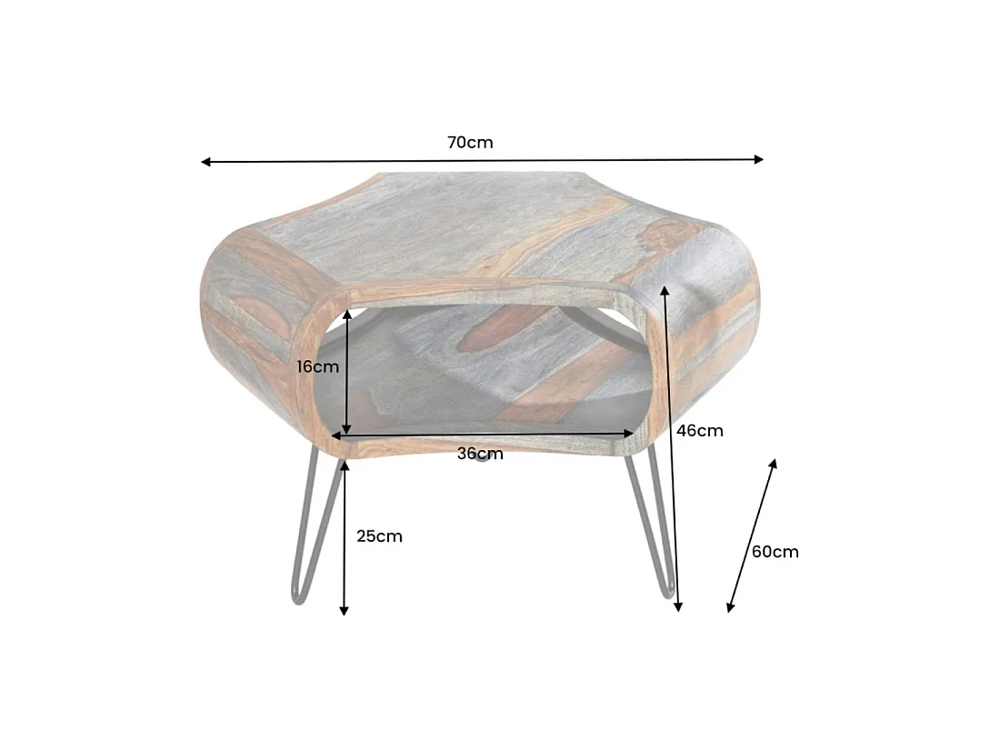 Mesa baja NERA 70 cm en madera maciza de Sheesham marrón y gris con nicho – estilo retro industrial