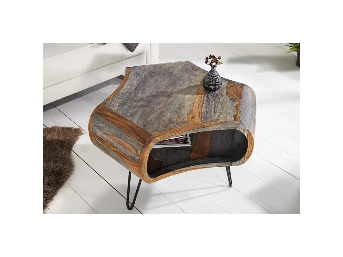 Mesa baja NERA 70 cm en madera maciza de Sheesham marrón y gris con nicho – estilo retro industrial