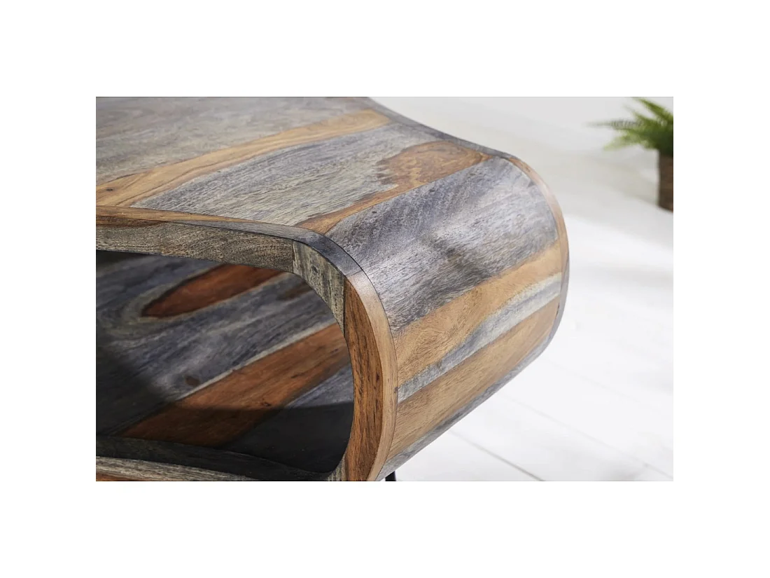 Mesa baja NERA 70 cm en madera maciza de Sheesham marrón y gris con nicho – estilo retro industrial