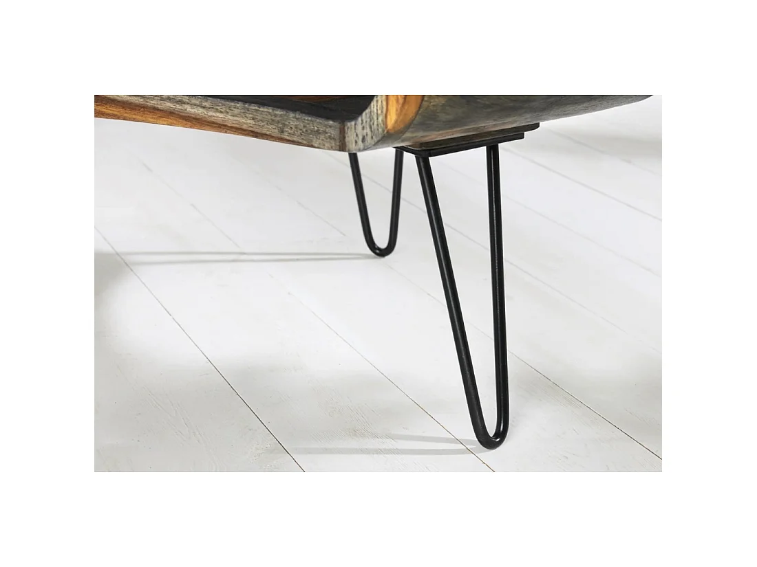 Mesa baja NERA 70 cm en madera maciza de Sheesham marrón y gris con nicho – estilo retro industrial