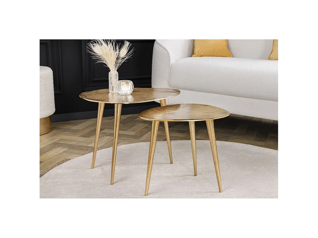 Tables basses gigognes VORTEX dorées en aluminium – lot de 2 tables design asymétriques