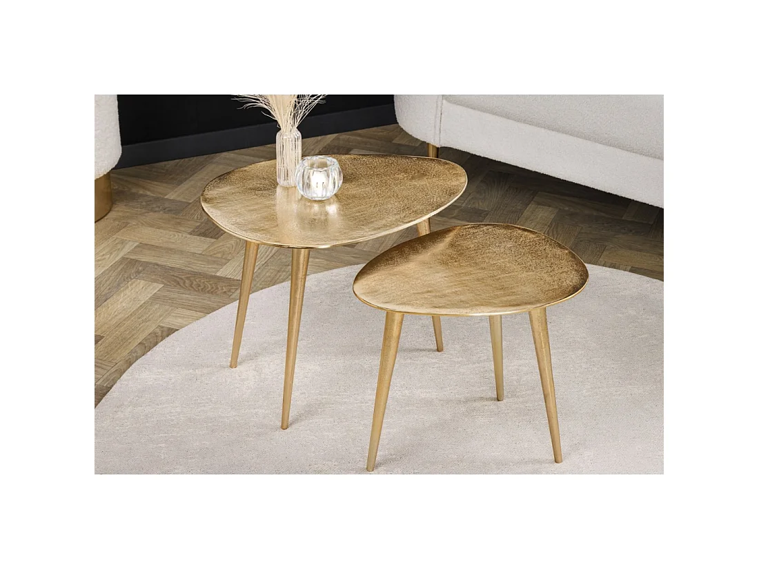 Tables basses gigognes VORTEX dorées en aluminium – lot de 2 tables design asymétriques