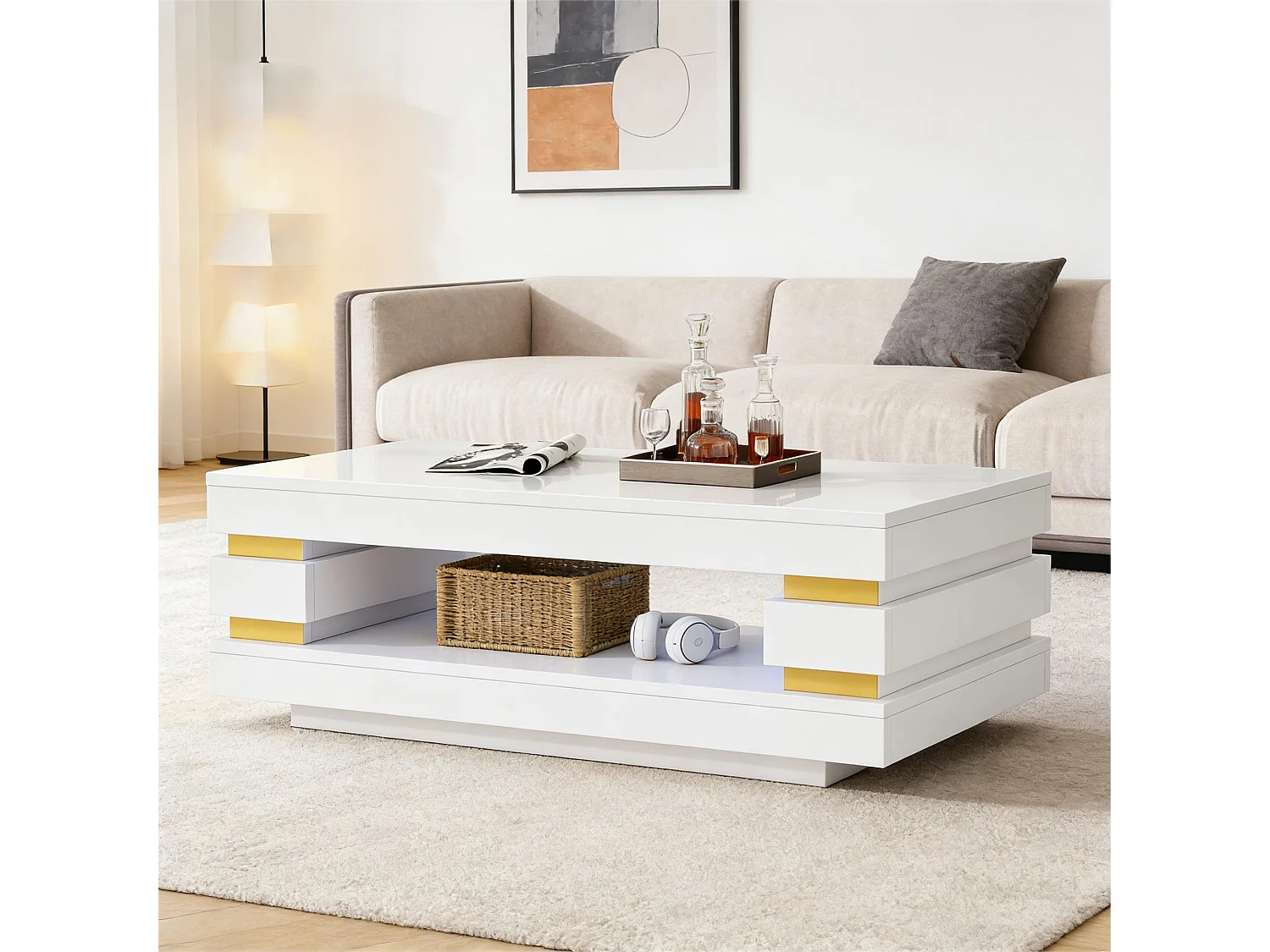 Salontafel 100 x 50 x 35 cm met opbergruimte - Glanzend witte afwerking