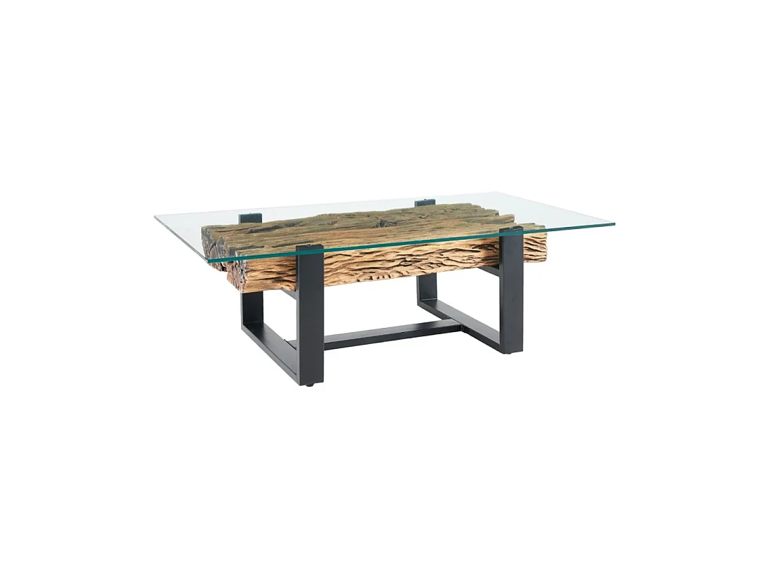 Mesa baja RAFTA 130 cm en teca reciclada con vidrio templado – Patas de metal negro en U