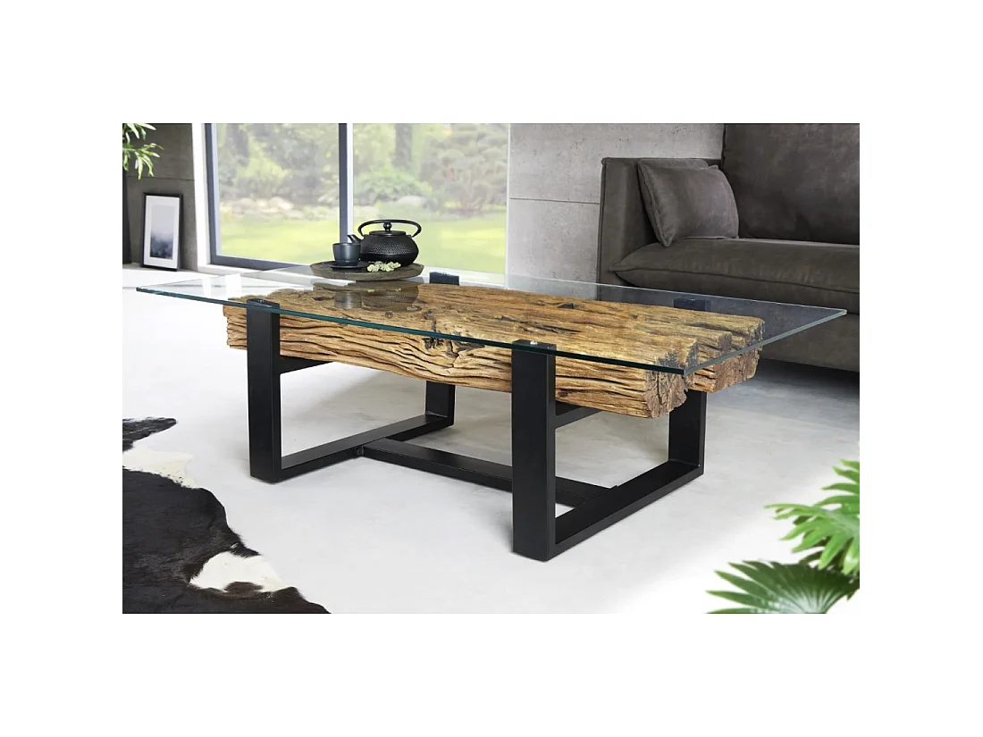 Mesa baja RAFTA 130 cm en teca reciclada con vidrio templado – Patas de metal negro en U