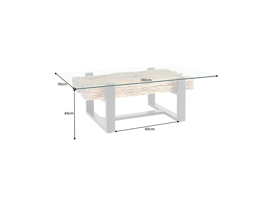 Mesa baja RAFTA 130 cm en teca reciclada con vidrio templado – Patas de metal negro en U