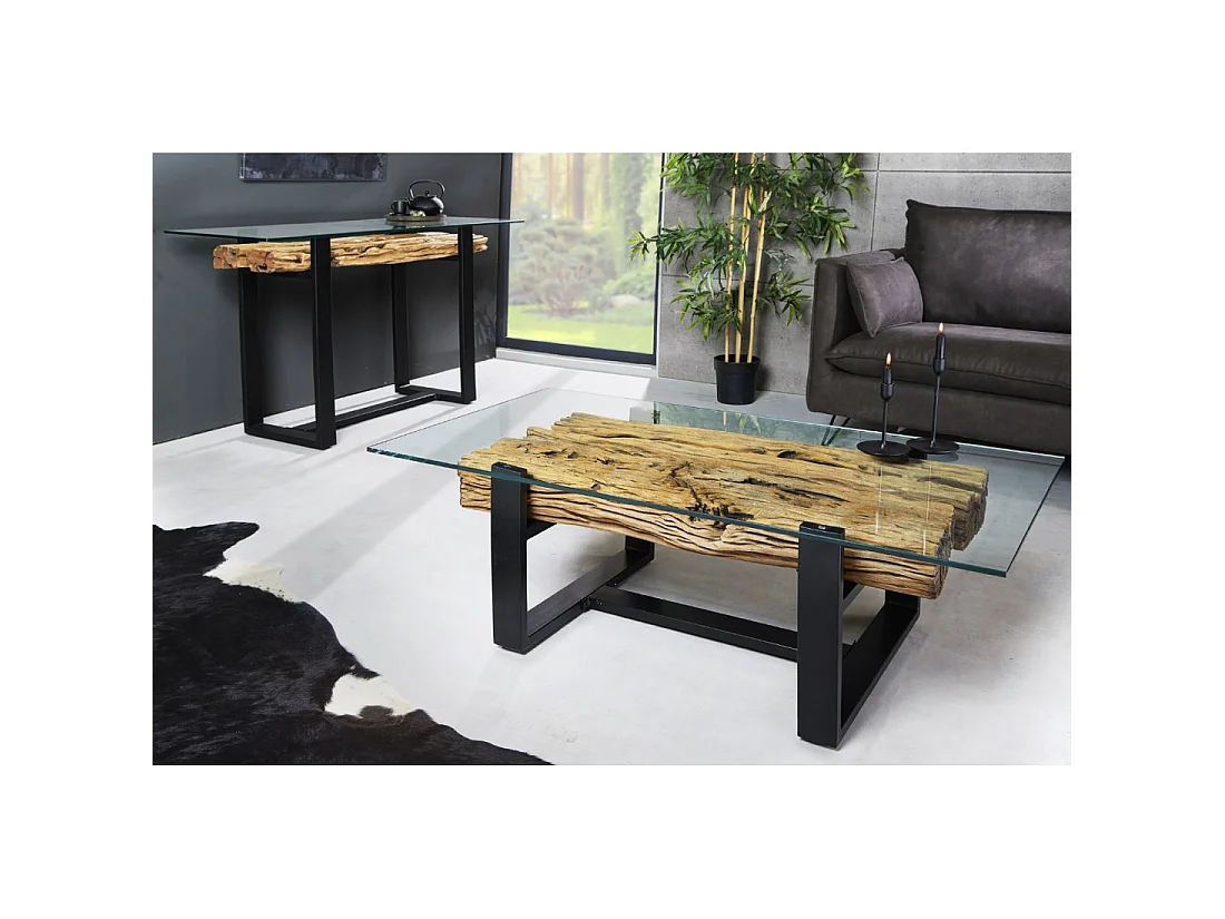 Mesa baja RAFTA 130 cm en teca reciclada con vidrio templado – Patas de metal negro en U