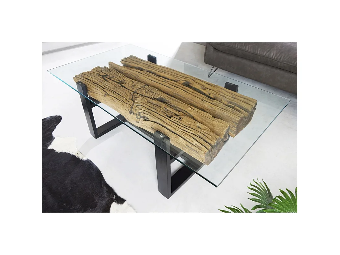 Mesa baja RAFTA 130 cm en teca reciclada con vidrio templado – Patas de metal negro en U