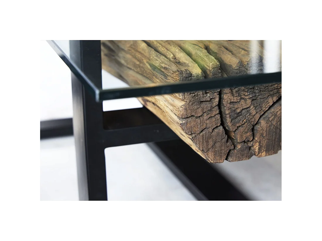 Mesa baja RAFTA 130 cm en teca reciclada con vidrio templado – Patas de metal negro en U