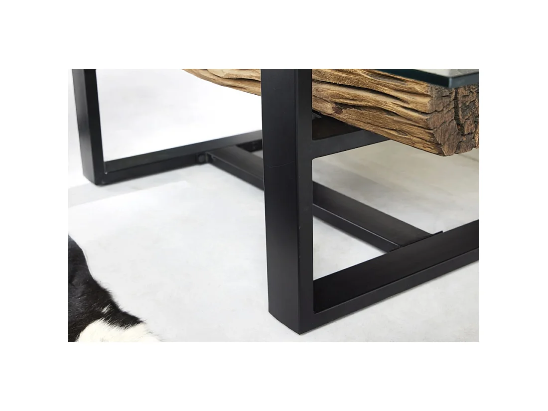 Mesa baja RAFTA 130 cm en teca reciclada con vidrio templado – Patas de metal negro en U