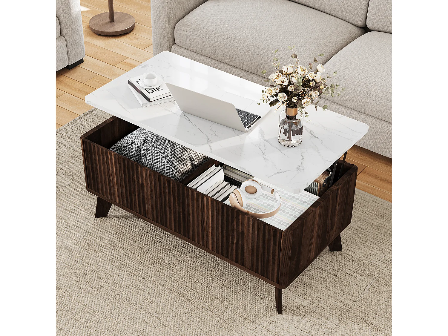 Table Basse en Noyer Scandinave, Relevable avec Plateau Effet Marbre, Stable et Pratique pour Salon 105x53x42cm