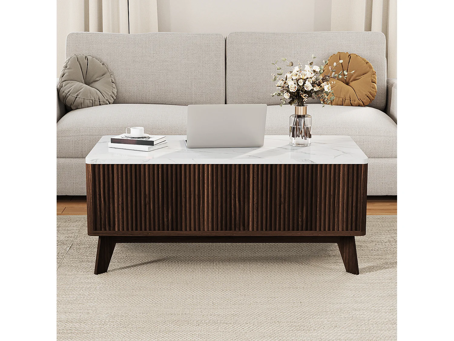 Table Basse en Noyer Scandinave, Relevable avec Plateau Effet Marbre, Stable et Pratique pour Salon 105x53x42cm