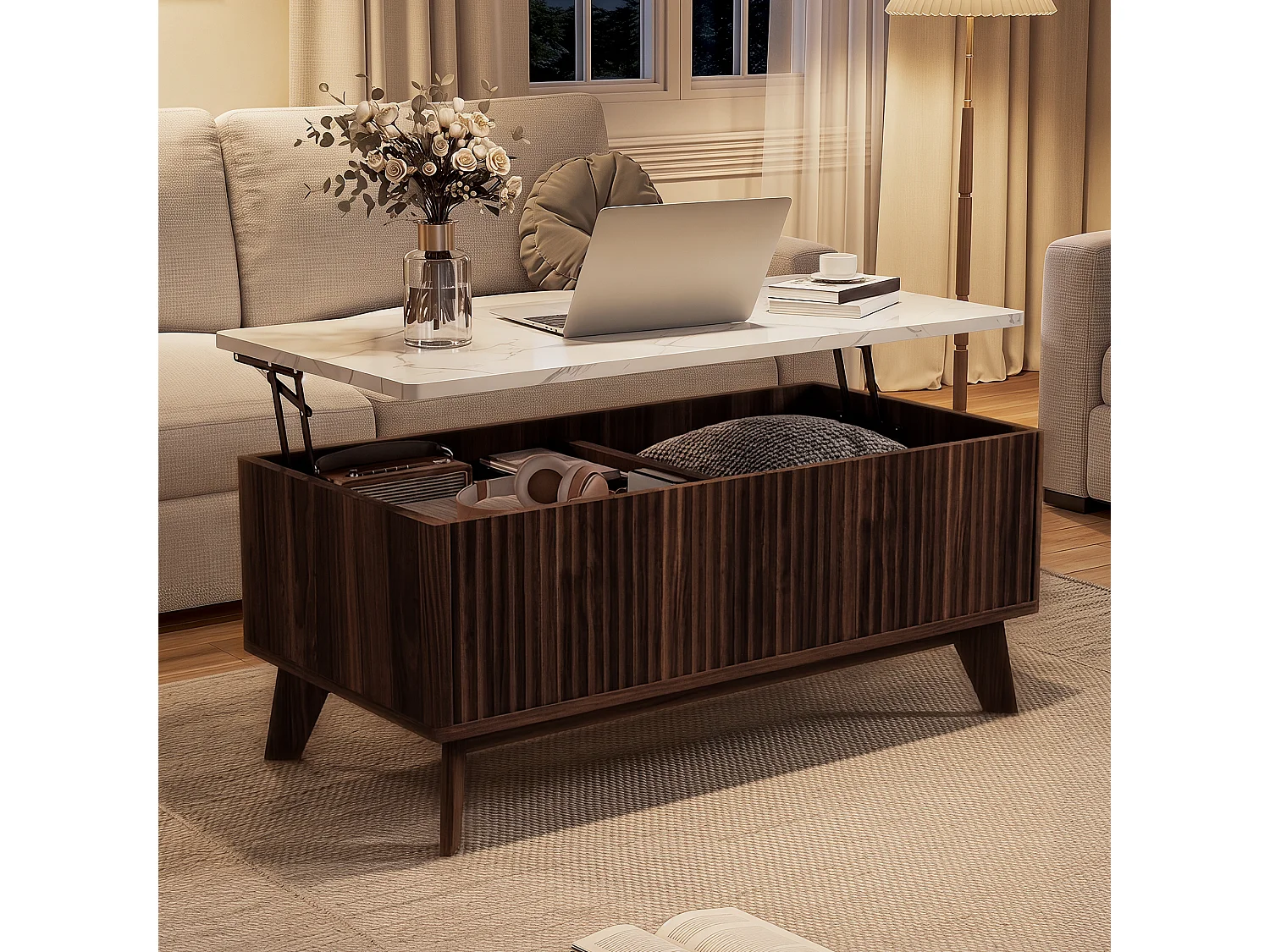 Table Basse en Noyer Scandinave, Relevable avec Plateau Effet Marbre, Stable et Pratique pour Salon 105x53x42cm