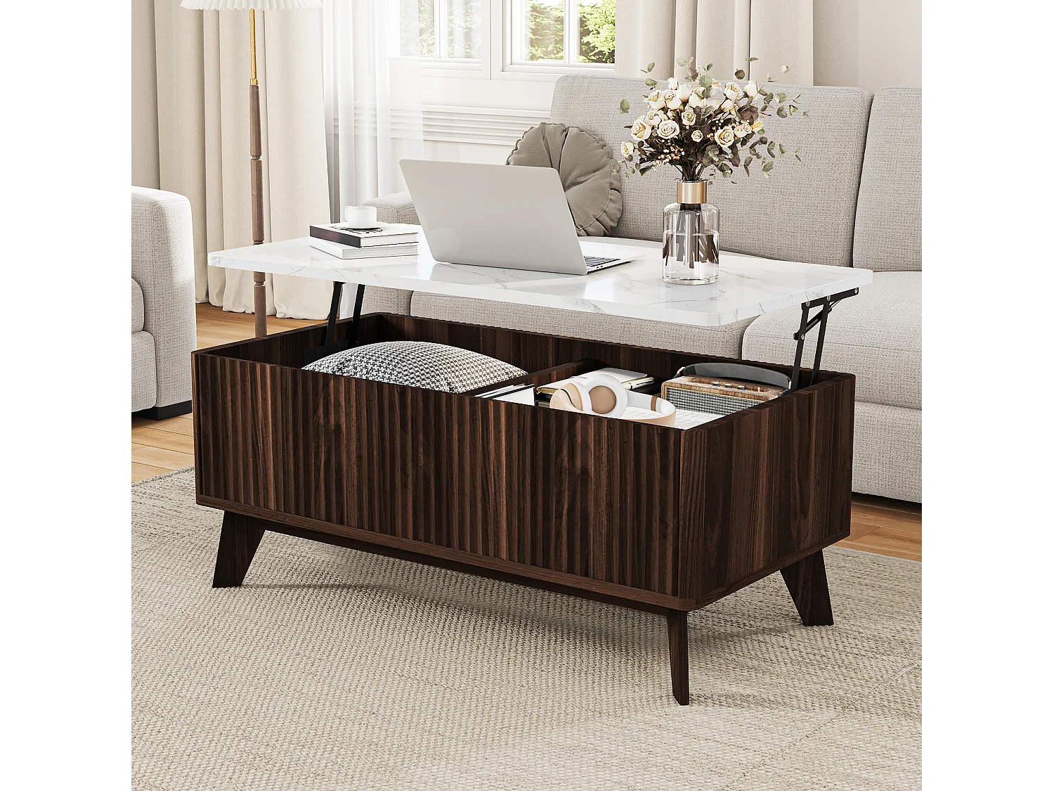 Table Basse en Noyer Scandinave, Relevable avec Plateau Effet Marbre, Stable et Pratique pour Salon 105x53x42cm