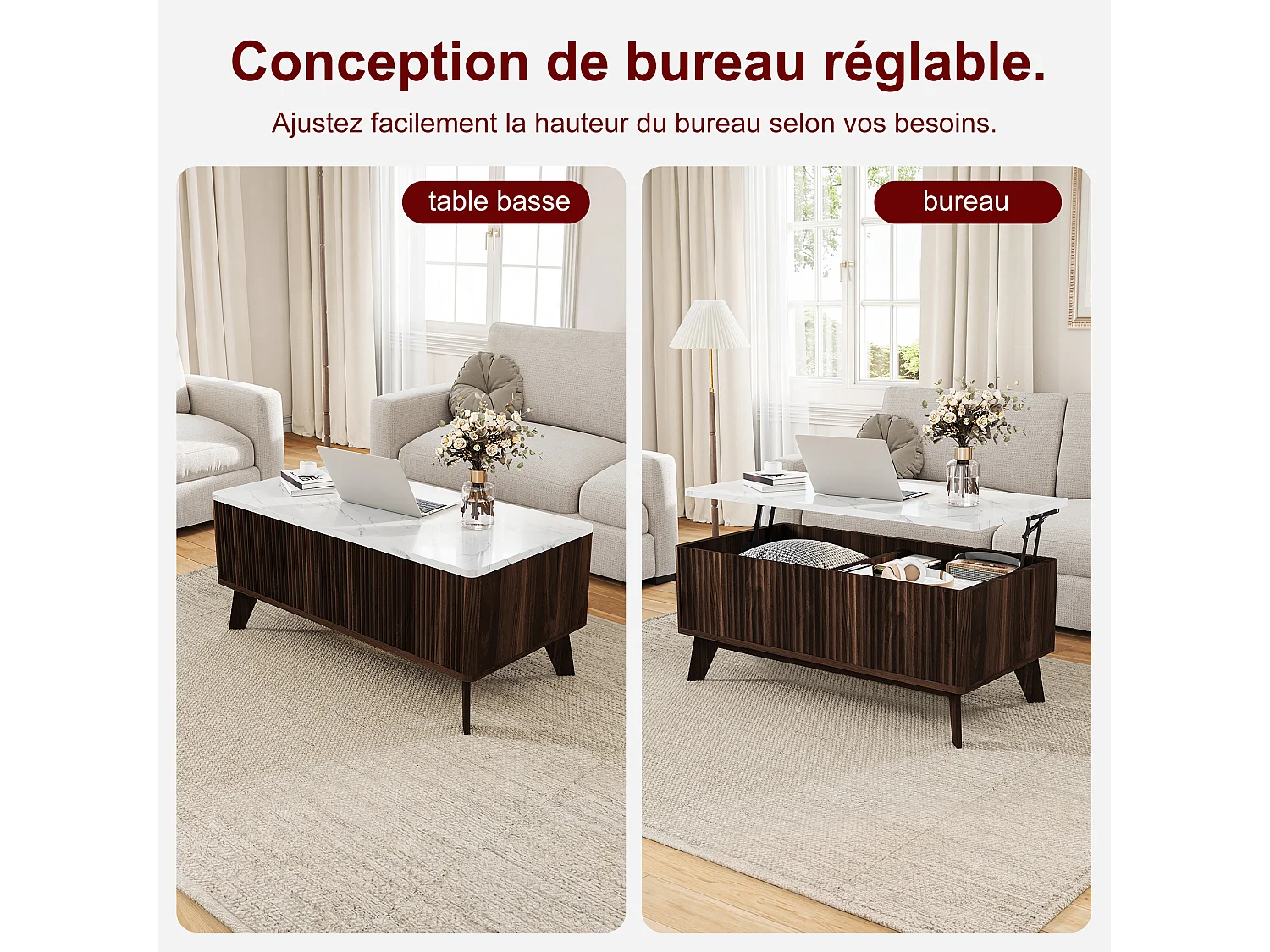 Table Basse en Noyer Scandinave, Relevable avec Plateau Effet Marbre, Stable et Pratique pour Salon 105x53x42cm