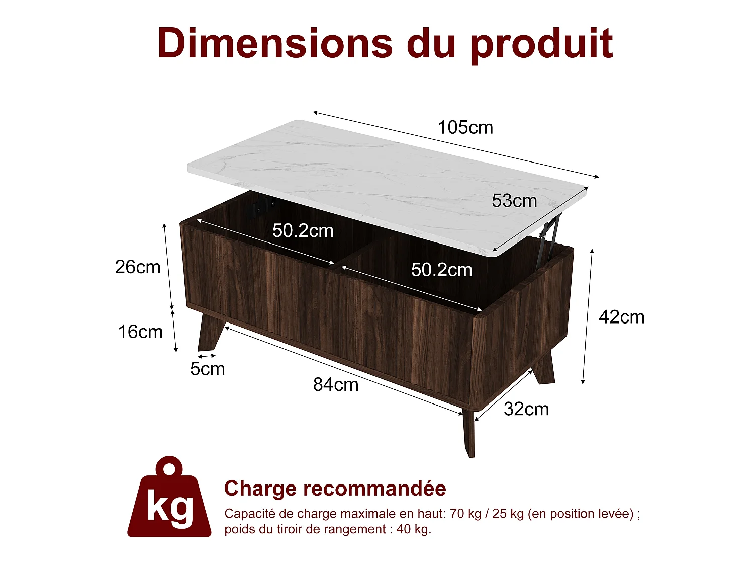 Table Basse en Noyer Scandinave, Relevable avec Plateau Effet Marbre, Stable et Pratique pour Salon 105x53x42cm