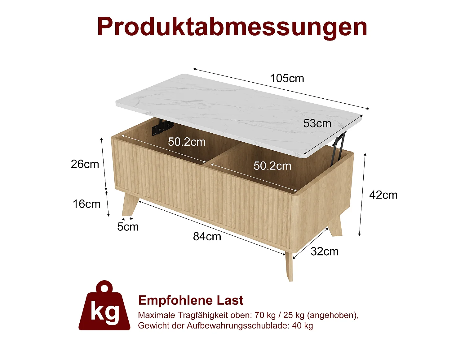 Table Basse Relevable, Style Scandinave en Bois Clair, Plateau Effet Marbre et Rangement, pour Salon, 105x53x42cm