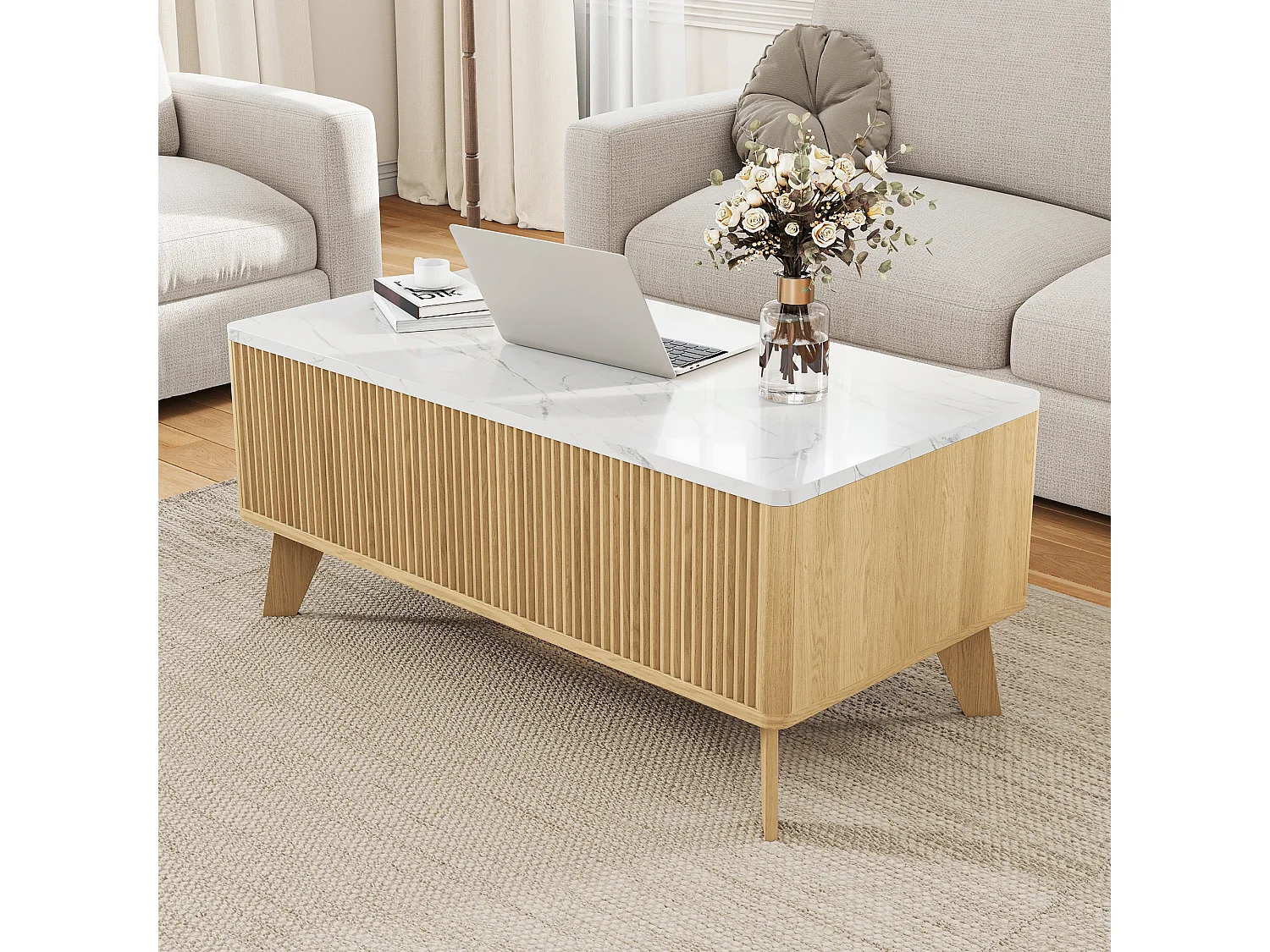 Table Basse Relevable, Style Scandinave en Bois Clair, Plateau Effet Marbre et Rangement, pour Salon, 105x53x42cm