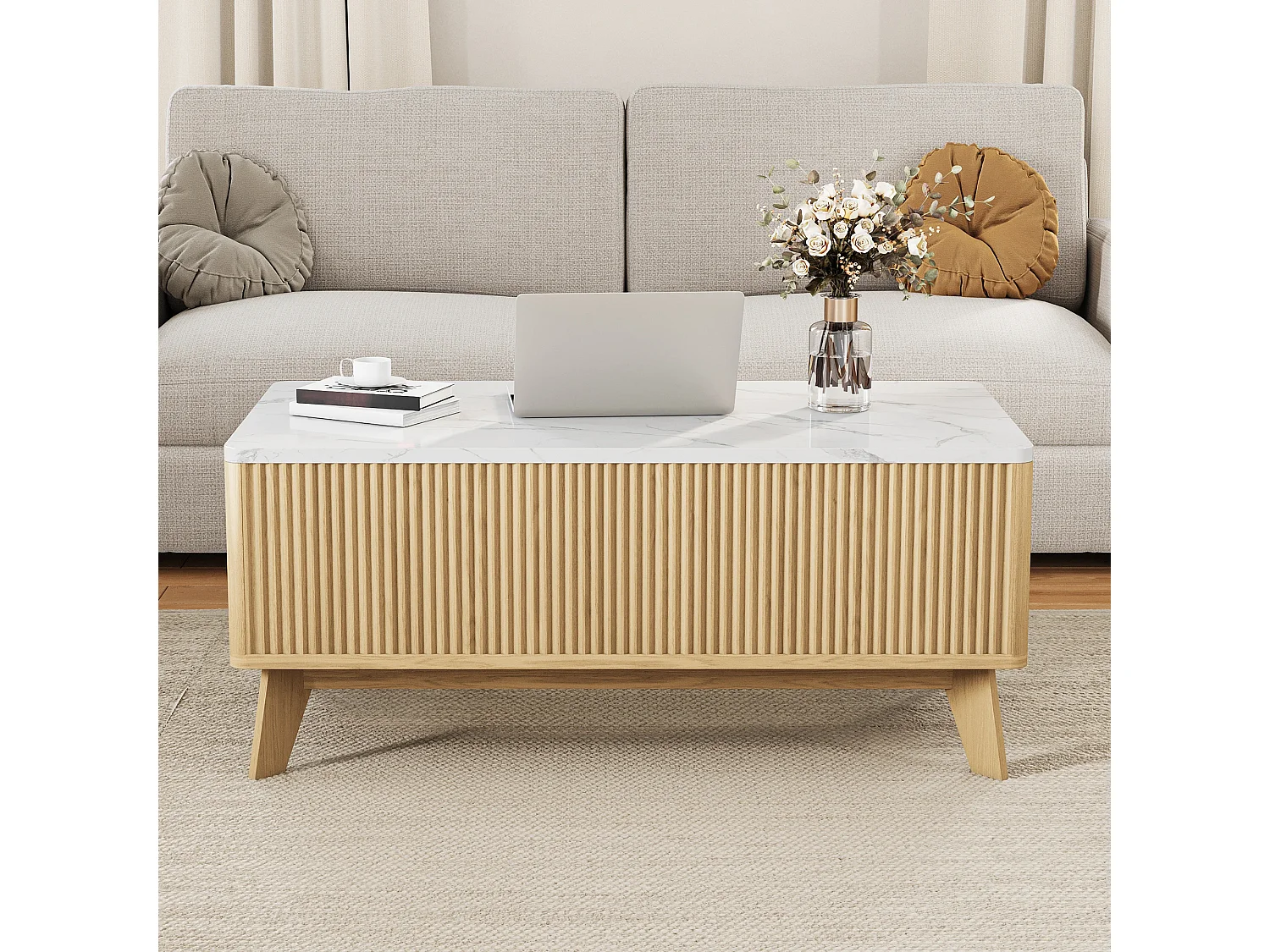 Table Basse Relevable, Style Scandinave en Bois Clair, Plateau Effet Marbre et Rangement, pour Salon, 105x53x42cm