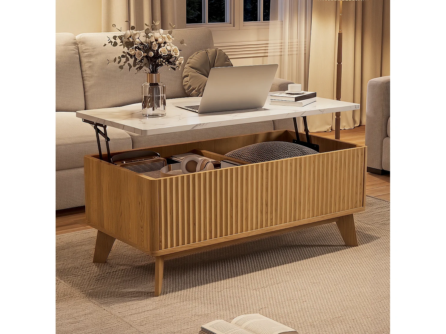 Table Basse Relevable, Style Scandinave en Bois Clair, Plateau Effet Marbre et Rangement, pour Salon, 105x53x42cm
