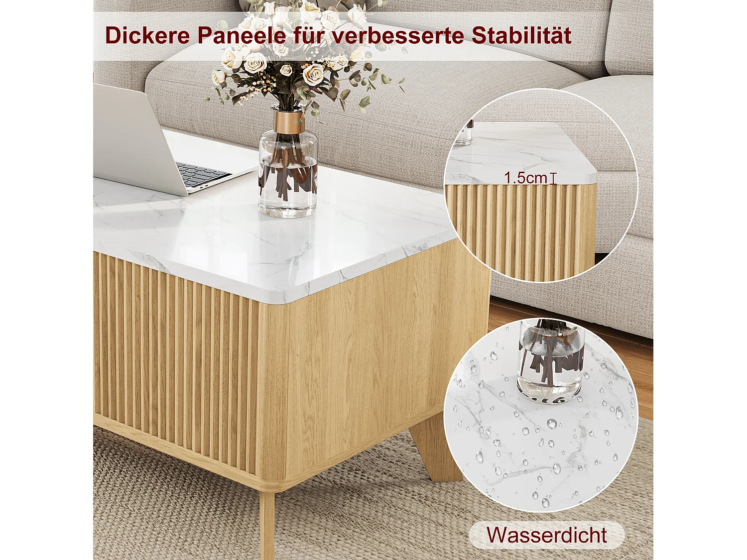 Table Basse Relevable, Style Scandinave en Bois Clair, Plateau Effet Marbre et Rangement, pour Salon, 105x53x42cm