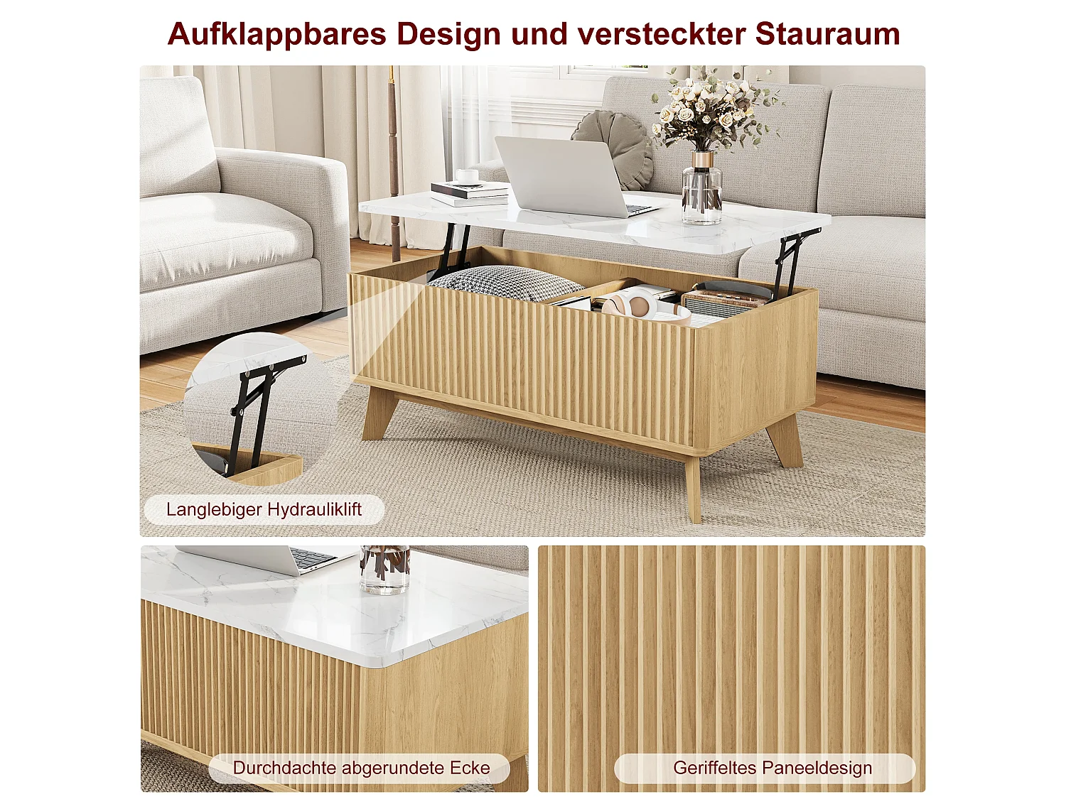 Table Basse Relevable, Style Scandinave en Bois Clair, Plateau Effet Marbre et Rangement, pour Salon, 105x53x42cm