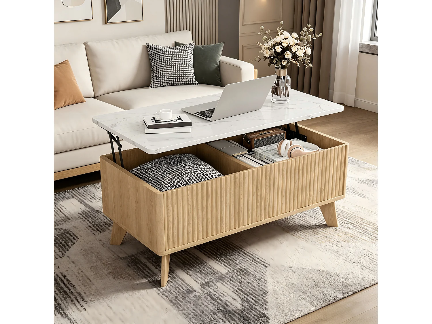 Table Basse Relevable, Style Scandinave en Bois Clair, Plateau Effet Marbre et Rangement, pour Salon, 105x53x42cm