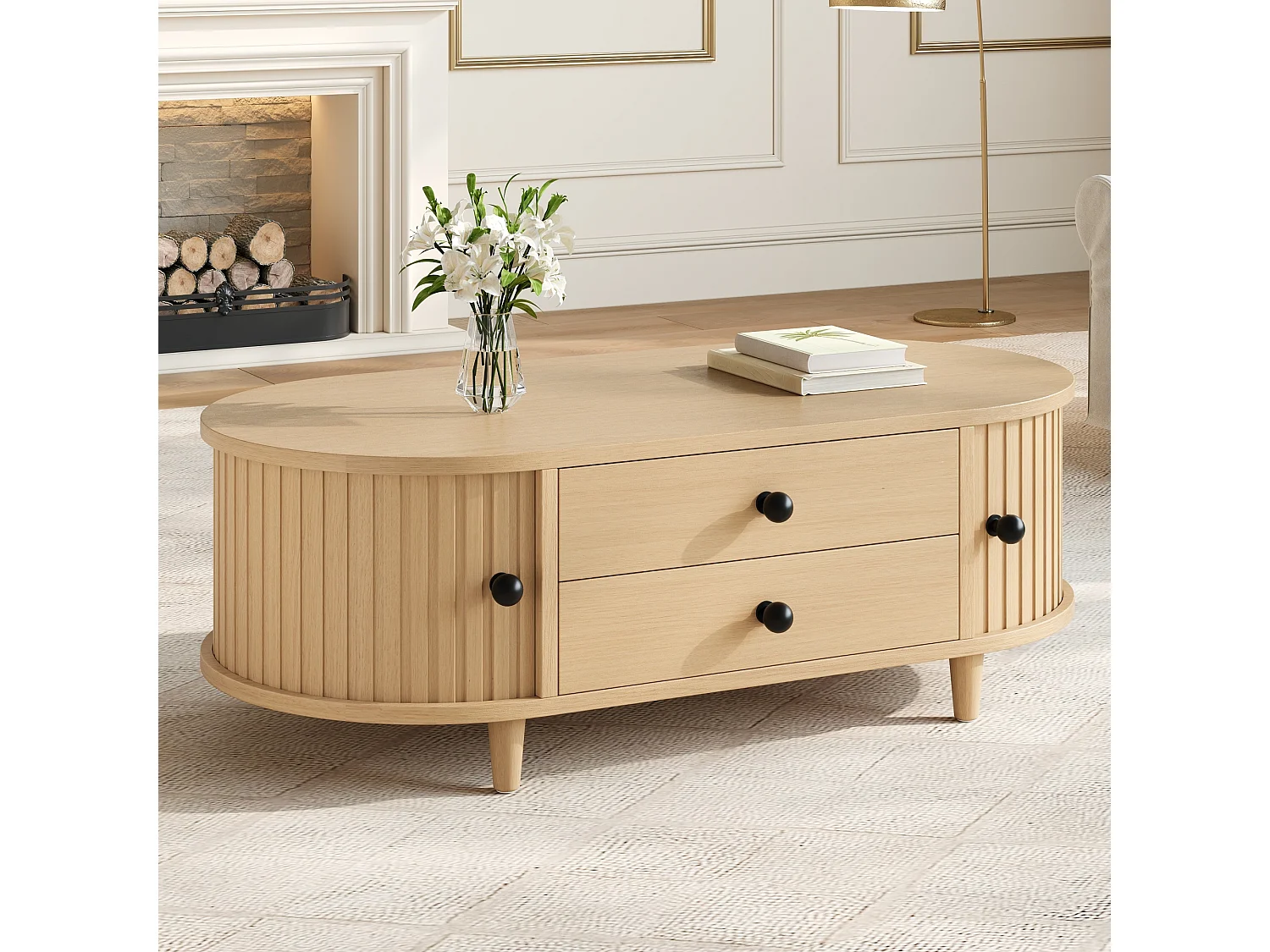Table basse ovale 100×50×36 cm - avec 2 tiroirs et 2 portes coulissantes - Pieds en bois massif - MDF+bois massif - Naturel