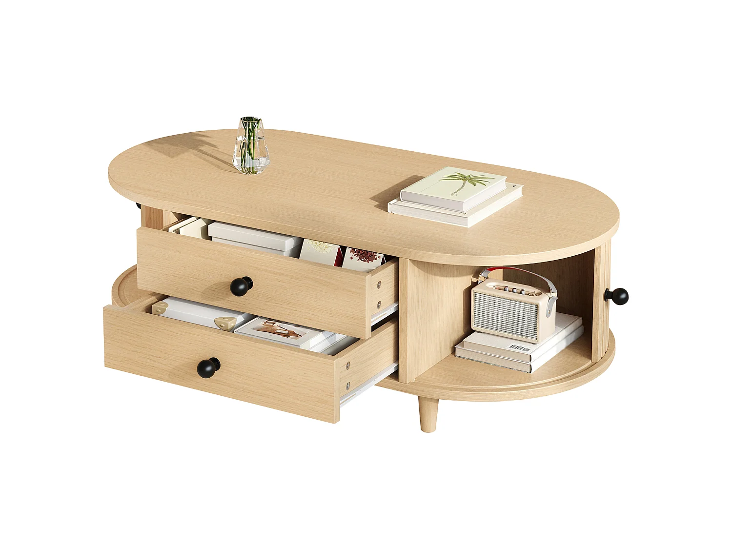 Table basse ovale 100×50×36 cm - avec 2 tiroirs et 2 portes coulissantes - Pieds en bois massif - MDF+bois massif - Naturel